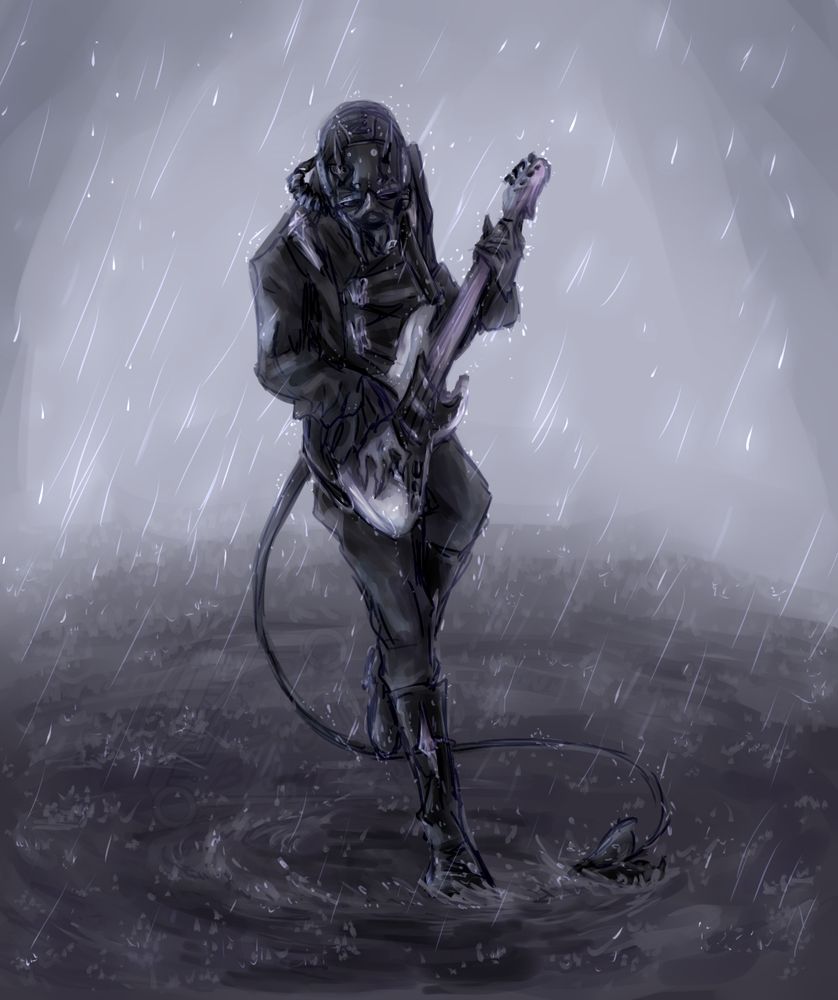 a digital drawing of the nameless ghoul bassist rain from the band ghost playing his white base with a black pick guard in a rainy gray-blue downpour scene. He's balanced on one foot with the other raising behind him trailing water drops as an added demon tail sweeps around him in a circle making the water splash in a halo around his feet.

he's looking down and grasping his guitar with a melancholy dramatic tone.
