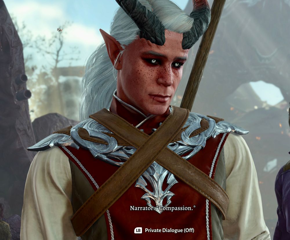 A screenshot of baldurs gate 3 showing a playing character tiefling who has pink skin with freckles, black eyes with glowing white irises, flowing white hair, and dark horns with reddish pink tips. He has a small lip scar, red robes, and leather straps.

The screenshot is from a cutscene and shows the narrator saying “compassion” and an option to turn the dialogue private from multiplayer.
