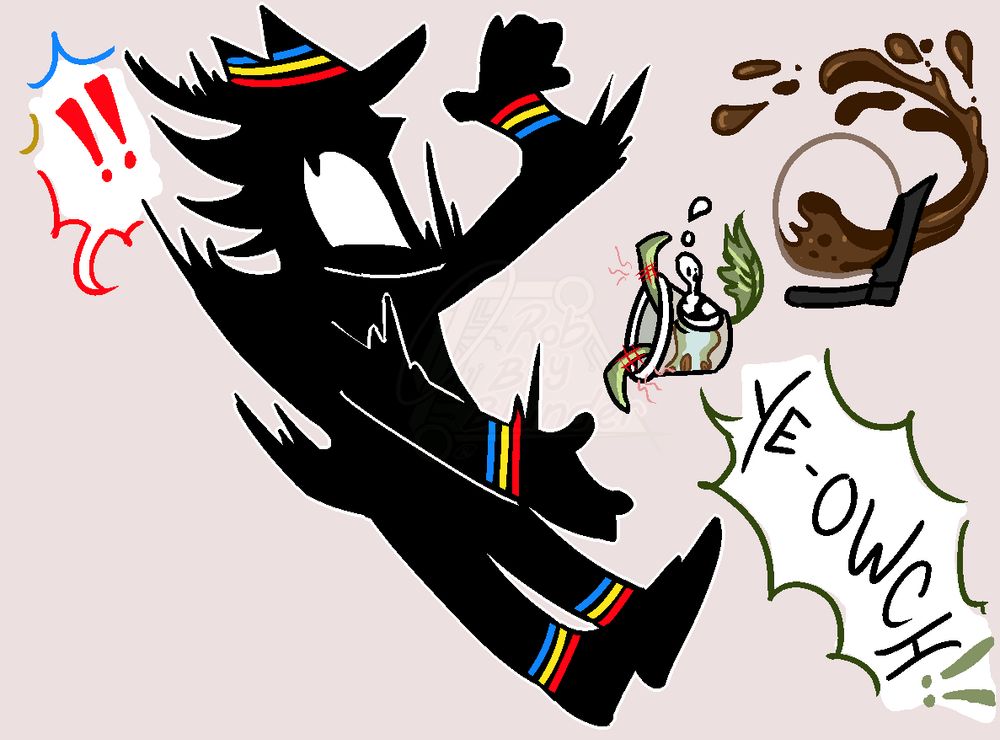 the fifth panel where mister guy is now jolting in surprise with exclamation and his mouth wide open as the cup jolts up out of his hand shouting "ye-owch!" in pain, revealing it was actually a cuptain hiding on the stack of plain cups; its legs are now burnt with a big watery eye showing his pain. The coffee pot has been flung aside in the moment of shock.