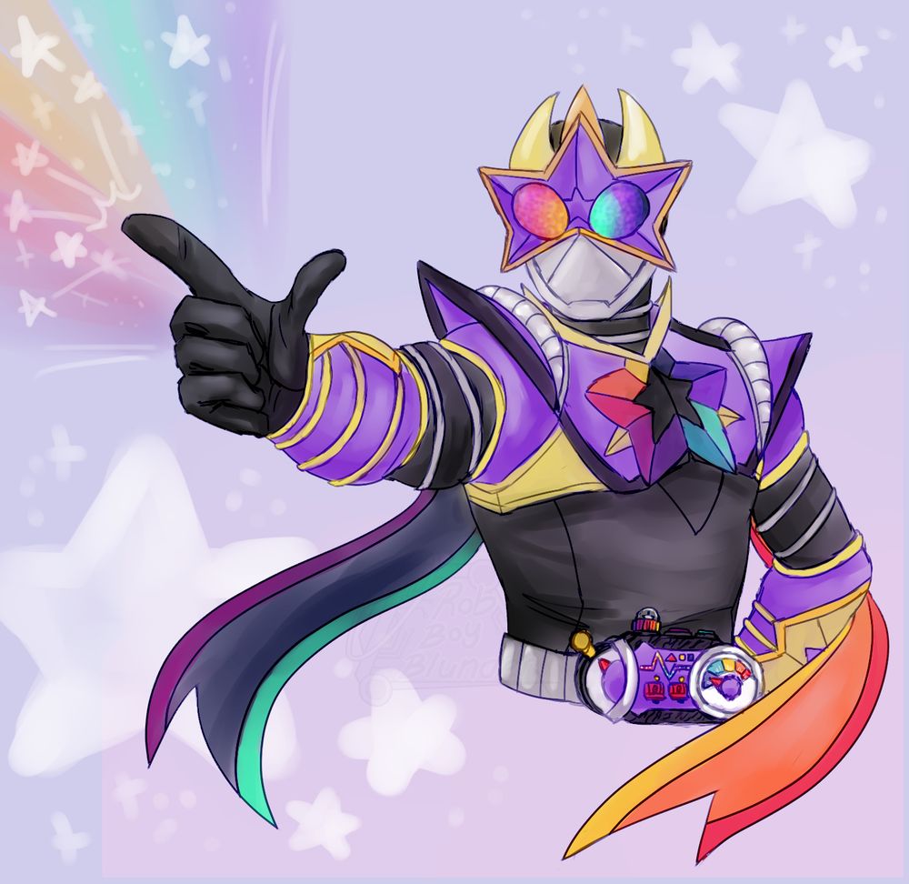 a digital drawing of a kamen rider OC who is based on Stars ans lights. They're pointing to the left dramatically with a rainbow beam coming from the hand, the other hand on the hip as two ribbon like mini cape pieces blow around the torso. The design is mainly purple, black and gold with with a rainbow gradient decorating the outfit.

the background is pale purple with various white stars around it.