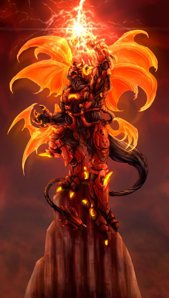 a digital drawing of a robot demon poised on the tip of a mechanical mountain top, holding one arm over their head as it's being struck by red lightning.

the robot has a fatter body shape with wires resembling muscle encased with layers of red gradient metal plating the arms and legs, but holding the waist and chest like a corset. a large cylindrical tube is on the front of the chest. the robot has various yellow lights, clawed hands and feet, and various horns on the knees, forearms, and head.

A thick tail made of winding wires ending with an Ethernet cable tip is wrapping around them, the whole robot framed by three pairs of orange holographic wings. the background has a foggy red miasma around it.