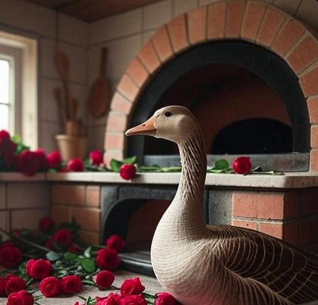 Auf dem Bild sieht man eine Gans umgeben von Rosen vor einem großen Ofen ... 