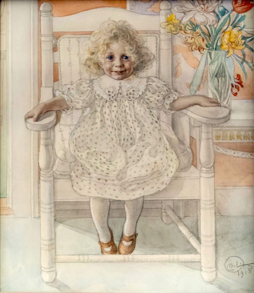 


Painted in 1918, during the final year of Carl Larsson’s life, Portrait of Inga-Maria Thiel is a late yet consummate example of the artist’s celebrated watercolor technique and his lifelong interest in domestic and familial subjects. The sitter, Inga-Maria Thiel, was the young daughter of Ernest Thiel—banker, art collector, and founder of the Thielska Galleriet—and his late wife, Signe. Larsson had long been a close friend of the Thiel family and had previously painted several of its members, including portraits of Signe and Inga-Maria’s brother Tage.



This portrait stands out for its delicate equilibrium between formal structure and emotional immediacy. Seated in a white rocking chair, the child gazes directly at the viewer with a composed expression, her golden curls and white dress rendered with a precision that never lapses into stiffness. The surrounding decorative details—floral wallpaper, a vase of irises and tulips, the ornamental furniture—reflect Larsson’s mature style, deeply informed by Scandinavian Jugendstil and a distinctly Nordic vision of childhood as luminous, sincere, and untouched.



Painted at a time when Ernest Thiel was facing significant financial decline and the loss of his wife, the image carries a poignant undertone. Yet it remains a testament to Larsson’s remarkable ability to distill grace and serenity even amid personal and social adversity. Today, the painting is housed in the Thielska Galleriet in Stockholm, a museum whose very foundation reflects the cultural ambitions of the milieu in which both artist and patron moved.