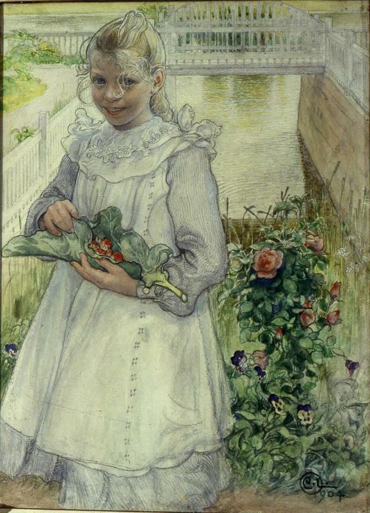 Note: Depicts the artist's youngest daughter, Kersti, holding freshly picked strawberries on a rhubarb leaf, displaying a sweet and slightly mischievous smile. The painting captures a moment of simple, joyful domesticity, a common theme in Larsson's work featuring his family and home. The strawberries, likely gathered from their garden at [Lilla Hyttnäs] are presented on a rhubarb leaf, possibly because they had a limited quantity. The scene reflects the artist's fondness for portraying his family and their everyday life, often emphasizing education and a sense of well-being.