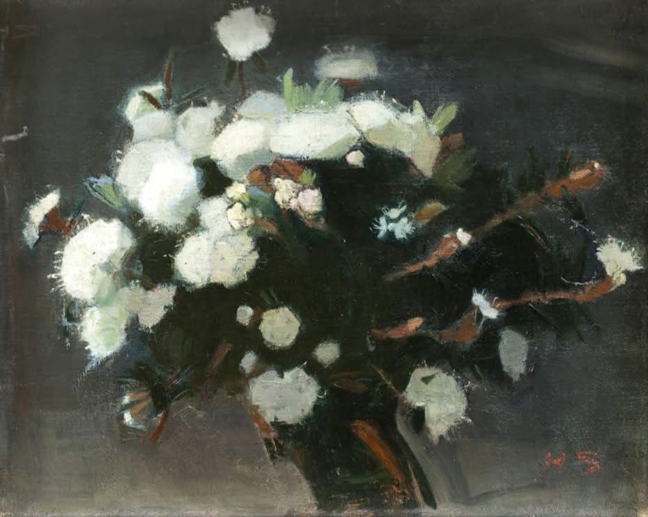 This work Helene Schjerfbeck painted of the flowers she got for her nameday present ca1903 was very meaningful to the artist, she gave it to her mother Olga and it was the only painting on their home's wall. Helene Schjerfbeck was also known to be very pleased with this painting of hers and she made later several similar paintings of the same subject.

Title of the work Suopursuja is in Finnish and there is no official English title for this work at least that I know of.
I would name this Rhododendrons in English although its latin I think. Dictionary gives also for the flower Suopursu in English > Northern Labrador Tea and Wild Rosemary.