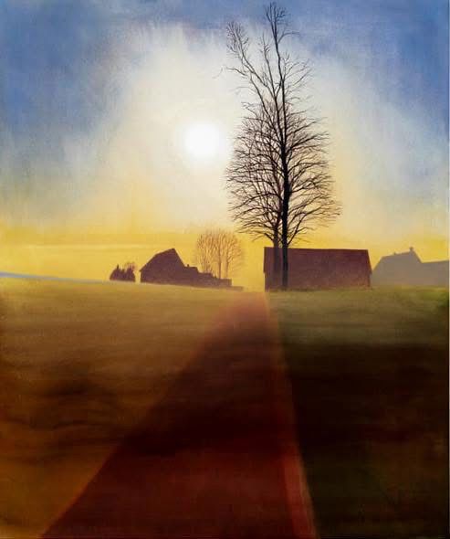 Søren Martinsen is a contemporary Danish artist acclaimed for his psychologically resonant landscapes that interrogate the boundaries between nature, artifice, and perception.

Against the Light exemplifies his mature practice. Rendered in a palette of softened ochres, violets, and pale celestials, the composition presents a rural Danish scene bathed in the low, direct radiance of the sun. Silhouetted barns and skeletal trees stand against a luminous sky, while a crimson-brown path stretches from the viewer’s space toward the horizon, drawing the eye toward both the central light source and its surrounding shadows.

Though rooted in figurative representation, Martinsen’s landscape is anything but literal. He often begins with photographic references—frequently sourced from digital platforms like Google Earth—and reconstructs them using thin washes of acrylic and translucent oil glazes. The result is an atmospheric ambiguity that destabilizes conventional readings of place, time, and light.

The painting’s title, Against the Light, is both descriptive and philosophical. By orienting the viewer into the glare, Martinsen challenges the pictorial traditions of landscape painting, wherein light typically serves to illuminate and clarify. Here, light becomes a screen, a kind of veil that flattens form and deepens mystery. It evokes not a landscape we move through, but one we contemplate—and project upon—from a psychological remove.

In this way, Against the Light invites more than aesthetic admiration. It asks viewers to reflect on the act of looking itself: how landscapes are not only seen but constructed through memory, technology, and cultural longing.