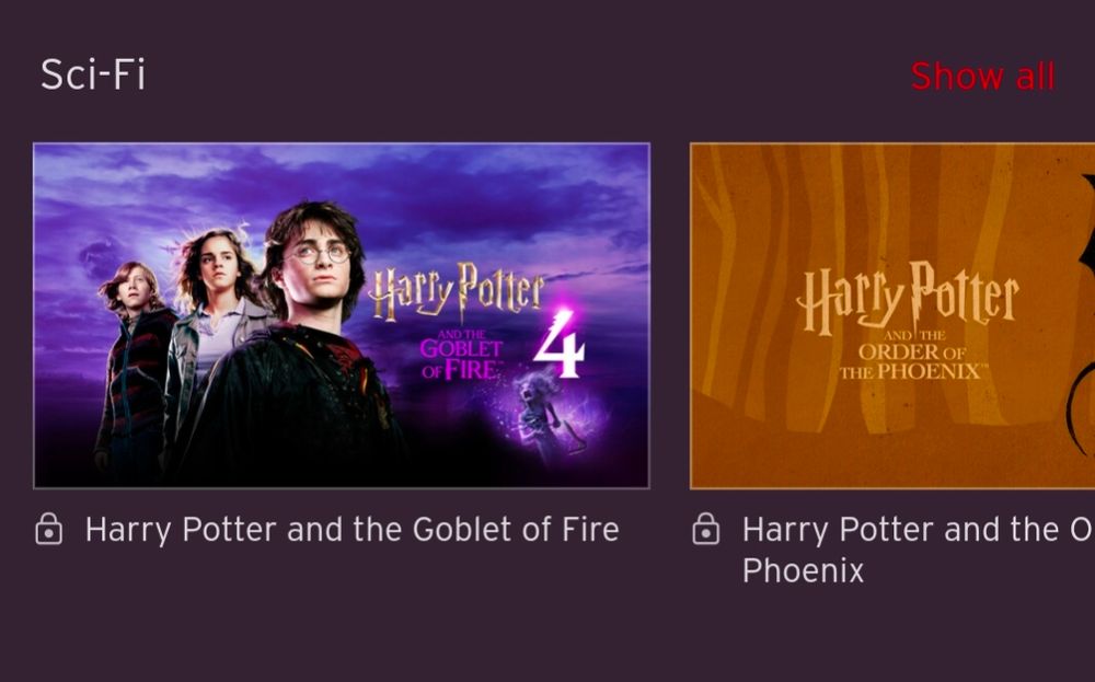 Screenshot of the virgin media app alleging Harry Potter is Sci fi