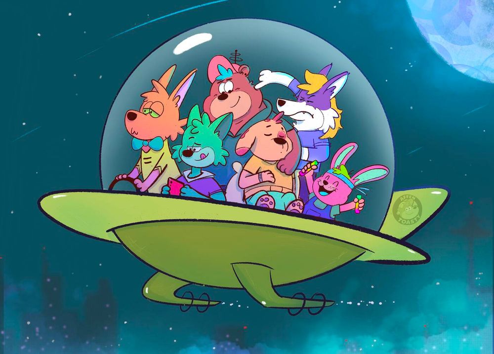 Furry friends in a space ship that inspired by the Jetsons cartoon because they want to fly to the space themed Eurofurence convention in September 2025 