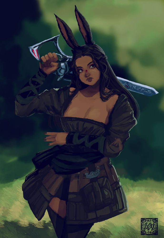 Beautiful woman with long bunny ears holding a gunblade