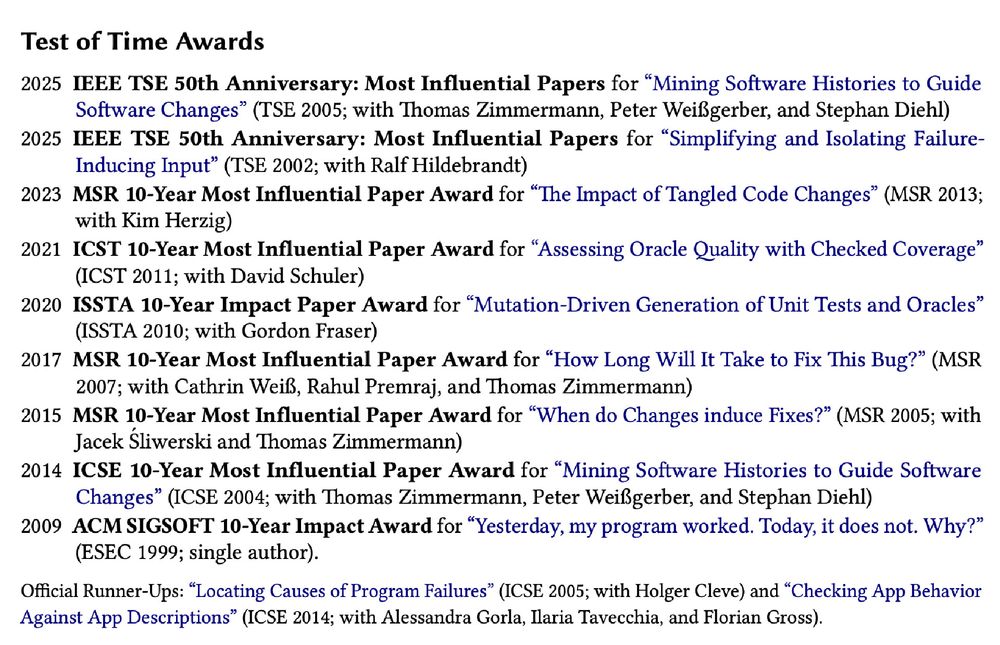 A list of test of time awards for papers with Andreas Zeller as co-author