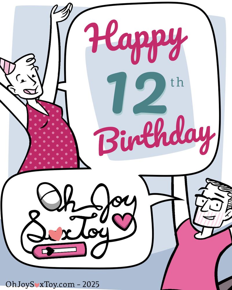 Today’s comic is drawn by Erika Moen in a traditional Oh Joy Sex Toy palette of background blues and character pinks. Throughout the pages, Erika is depicted in a red polka dot short dress covering some black leggings. She has a tattoo on her arms and a little bit of fluffy hair at the front of her head. In addition, her partner, Matthew, shows up wearing a pink T-shirt, brown pants, and bright red shoes. He has some stubble, glasses, and grey hair.

The page starts with Erika and Matthew's arms raised in celebration!
Erika
'Happy 12th birthday Oh Joy Sex Toy!'
