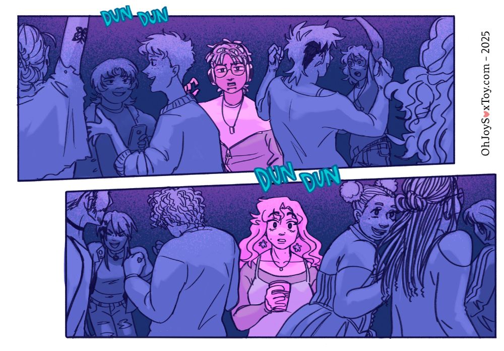 "Meeting Again" by Joey Hagan, published on ohjoysextoy.com 7/22/2025

Joey Hagan draws with a thin line in a detailed, cartoon-y/manga-y style. He uses a color palette of rich blues, purples, magentas, and teal.

On a crowded dance floor, the ocean of blue-lighted people parts just enough to reveal Jude in a bright pink light. As a transmasculine person, Jude uses all pronouns for themself, alternating between them, even in the same sentence. She wears locs in a mullet style and circular glasses, headphones, a septum ring, and snake bites against their maroon-purple skin. He wears a hoodie, t-shirt, and cargo pants. They peer straight at the viewer, studying them. 

Across the room, the exact scenario plays out with Lizzie, who is revealed in pink light among a mass of blue-lighted dancers while the music thumps. Transfeminine and nonbinary (using she/they pronouns), she has long, wavy hair with side bangs that brush against her pale pink skin. They are wearing a dress layered over a shirt and leggings. She has dangly puffball earrings and a nostril piercing. She also looks straight to the reader, with an expression of surprise. 
