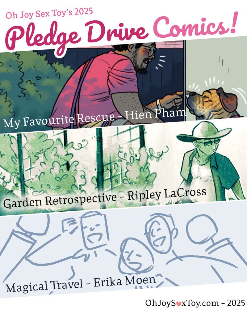 A list of the bonus comics floats at the bottom of the panel.
Ripley LaCross delves deep and explores what gardening means to them. 
Hien Pham talks from the heart about his time working at his local dog rescue shelter. 
And Erika Moen travels to San Francisco for an introspective magic wand journal comic. 
