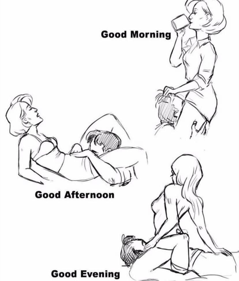 A pencil illustrasjon of a woman and a man with the text "good morning, good afternoon, good morning"