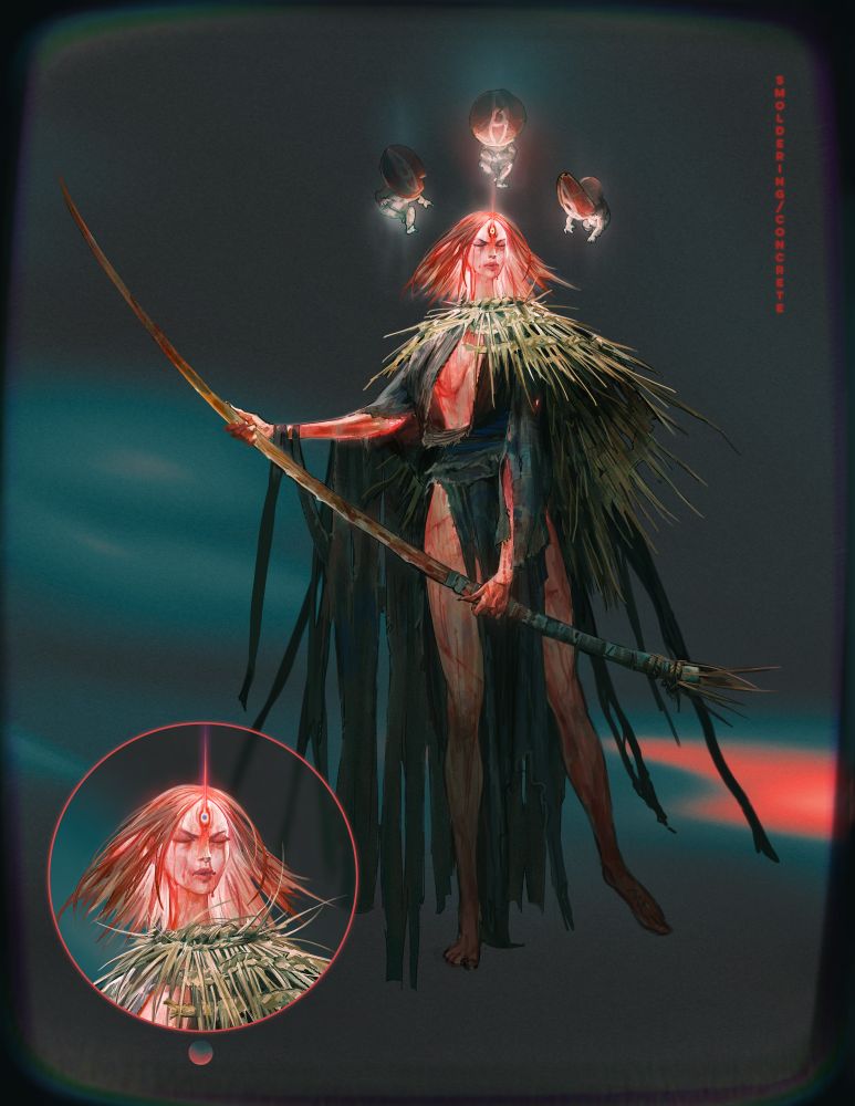A woman, called Cai, turned into this creature because of the loss of her three children. This creature can be called an evil spirit or a demon, as you like. She is material unlike her children. She is literally blinded by despair and hatred and looks through the eyes of her children. She believes they are still alive and she desperately tries to protect them from anyone who will try to hurt them. Killing poachers who hunt masks, worn by the ghosts of her children, and are highly valued by collectors, or just curious travelers, she can't leave this state of mind where only hatred and the pain of loss exist. That's why they call her Desperate.