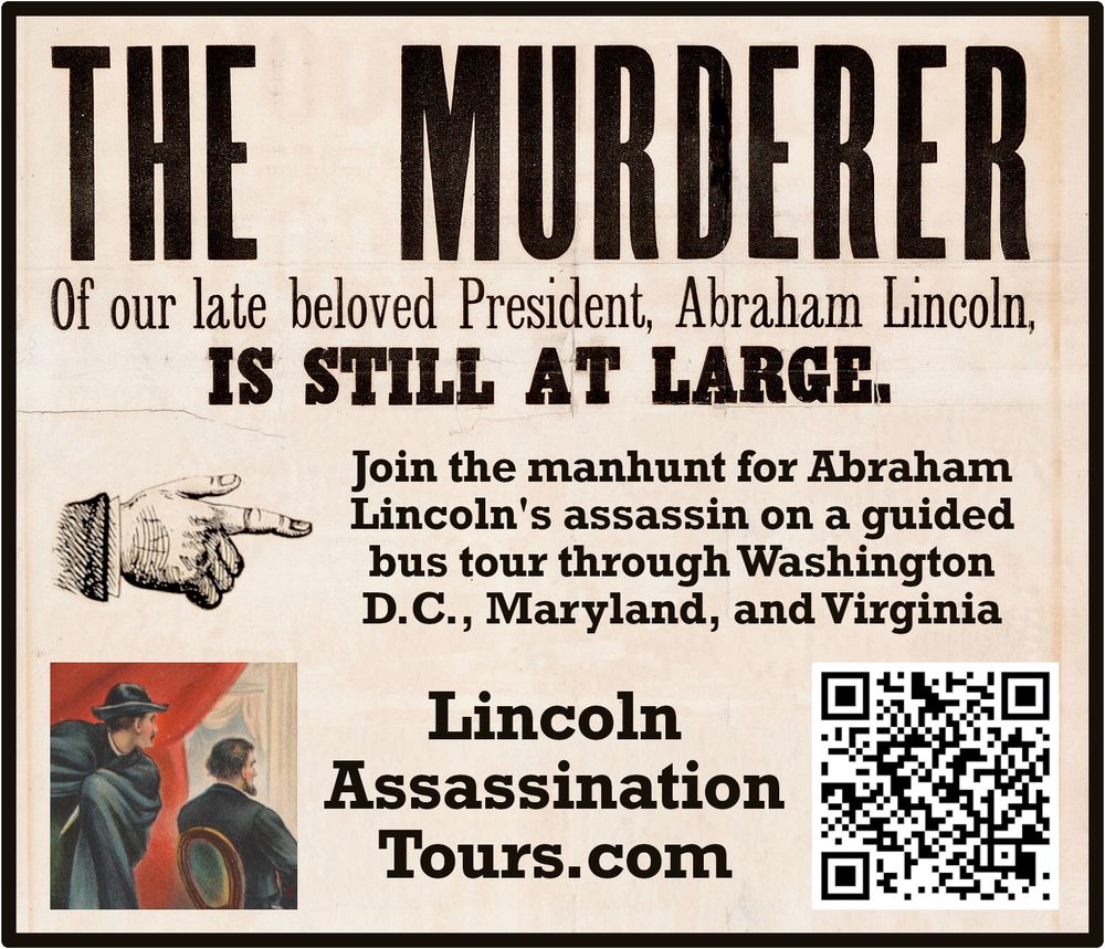 An advertisement for Lincoln Assassination Tours with the website and a QR code included. 