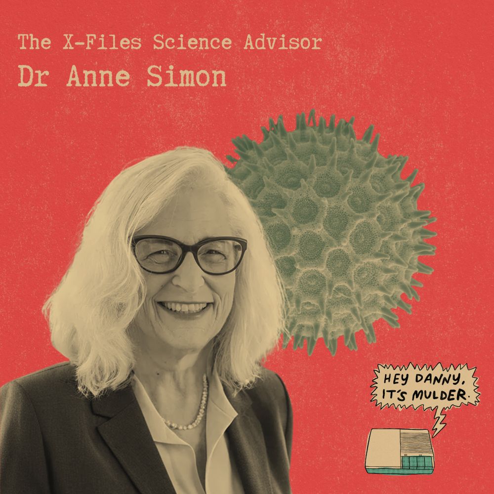 Promotional pic for the podcast episode. Stylised duotone images, one of Dr Anne Simon smiling towards the camera, and behind her a scanning electron microscope image of pollen. The logo of the podcast is an answering machine with the caption, Hey Danny, It's Mulder, in a speech bubble. 