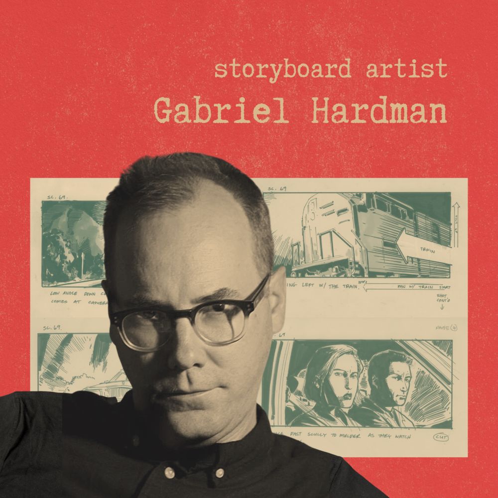 Promo image for podcast, with a stylised photo of storyboard artist Gabriel Hardman, and samples of his Fight the Future storyboard art in the background. 