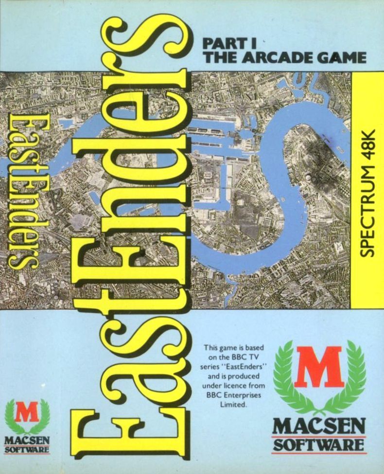 cover of the EastEnders video game, by Macsen Software, based on the BBC series for the Spectrum 48k. The main image is an aerial view of London. 