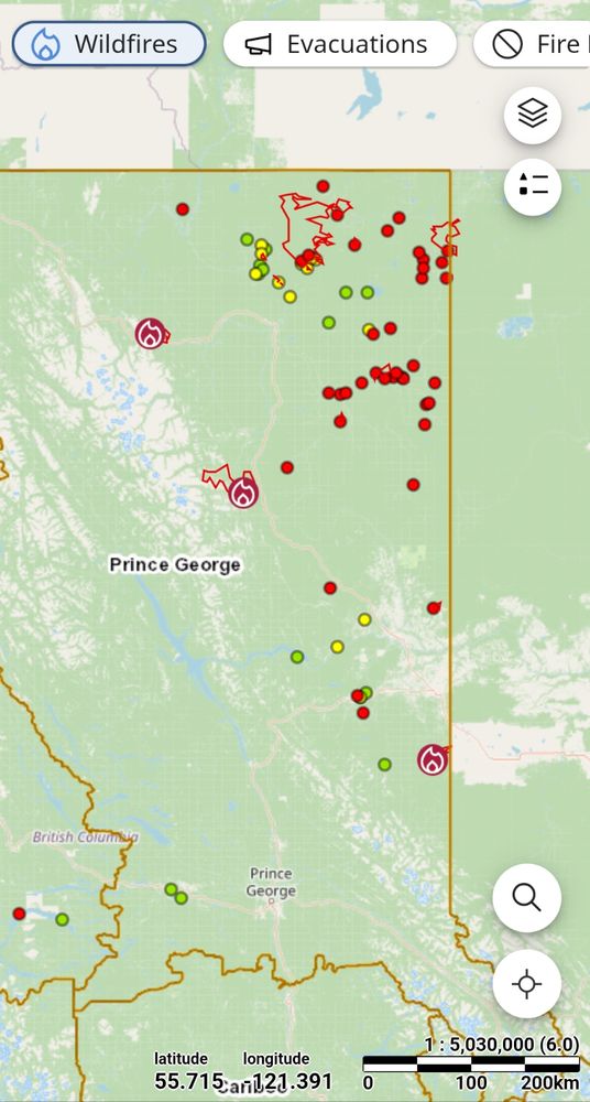 A screenshot of an interactive map from the British Columbia Wildfire Dashboard app for June 9th, 2025 showing multiple new wildfires, zoomed in to the northeastern part of the province, with 3 Fires of Note.