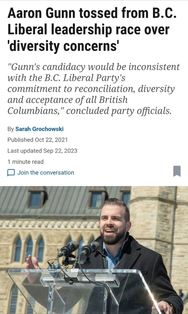 A screenshot of a news article by Sarah Grochowski, from the Vancouver Sun, Published Oct 22, 2021, titled "Aaron Gunn tossed from B.C. Liberal leadership race over 'diversity concerns'"