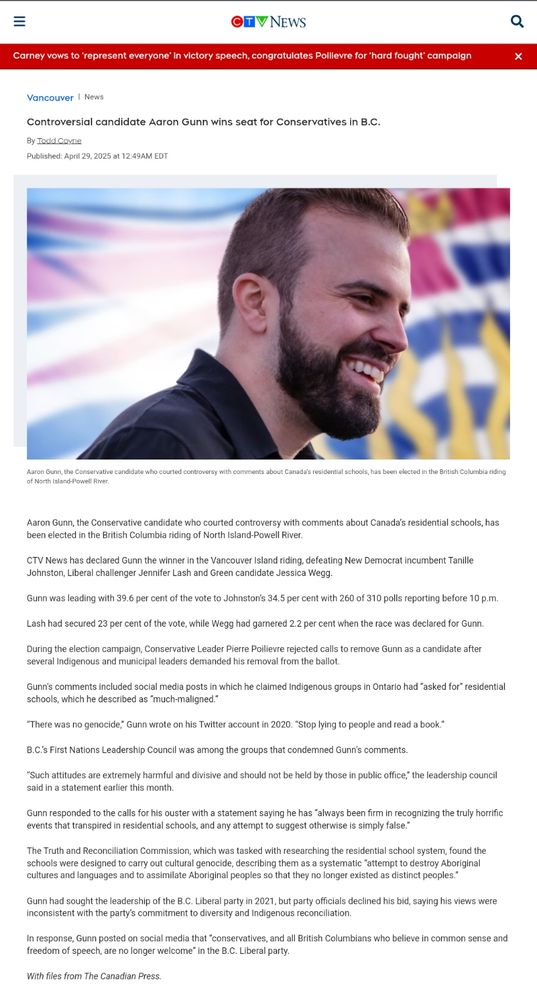 Screenshot of CTV News article title "Controversial candidate Aaron Gunn wins seat for Conservatives in B.C." published on April 29, 2025 at 12:49AM
