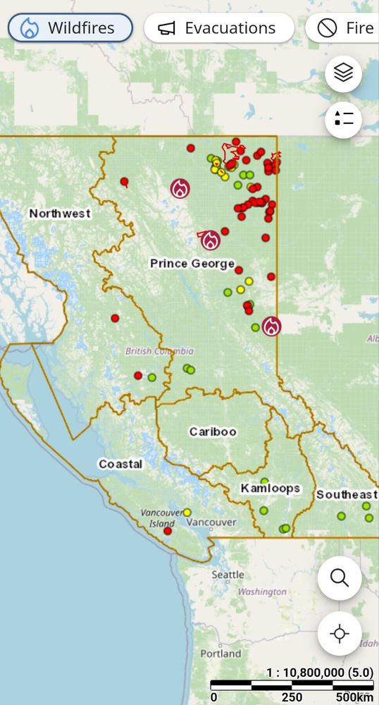 A screenshot of an interactive map from the British Columbia Wildfire Dashboard app for June 9th, 2025, showing multiple new wildfires, especially in the northeastern part of the province, with 3 Fires of Note.