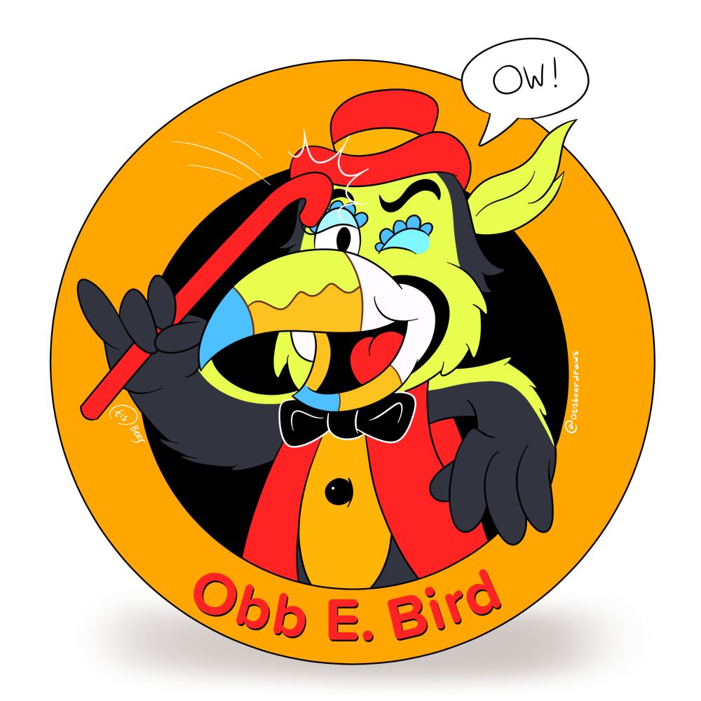 A toucan donking himself on the head with a showman's cane, dressed as Chuck E Cheese 