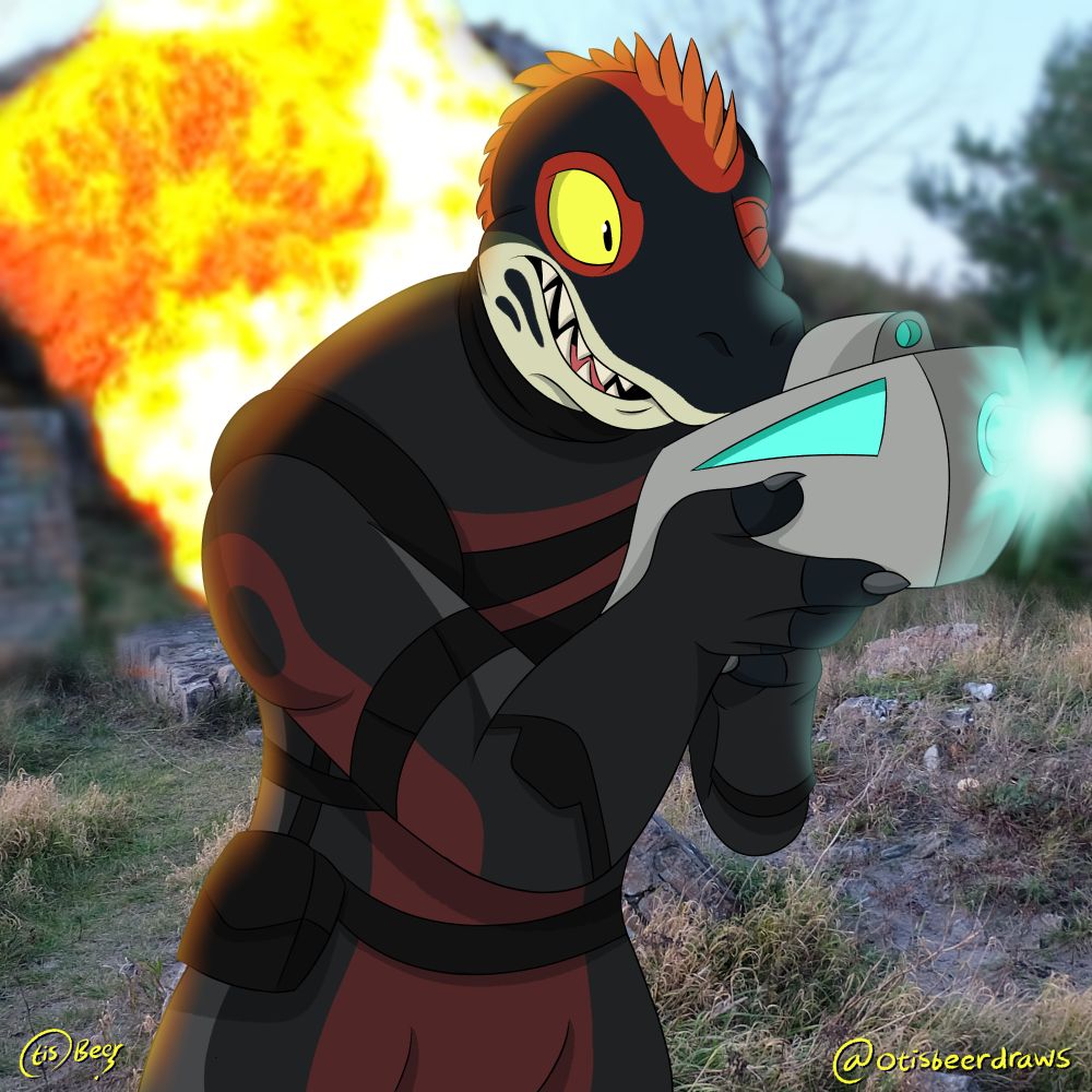 A space lizard called Neb wears a sci-fi combat outfit, firing a lazer gun as an explosion goes off behind him in a forest area