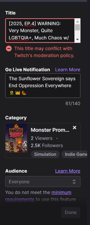 A section of the OBS studio program is pictured. This area contains information about the stream title, game, and audience. The title contains the term "LGBTQIA+". Underneath is warning text that reads "This title may conflict with Twitch's moderation policy."