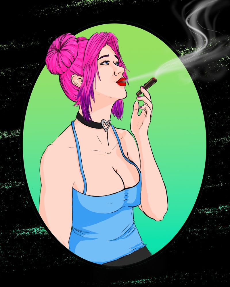 A digital illustration of a young white woman smoking a blunt. She has pink and purple hair in buns, has a collar with a metal heart on it, and a light blue camisole top. The background is shades of green and there is a black circle framing her.
