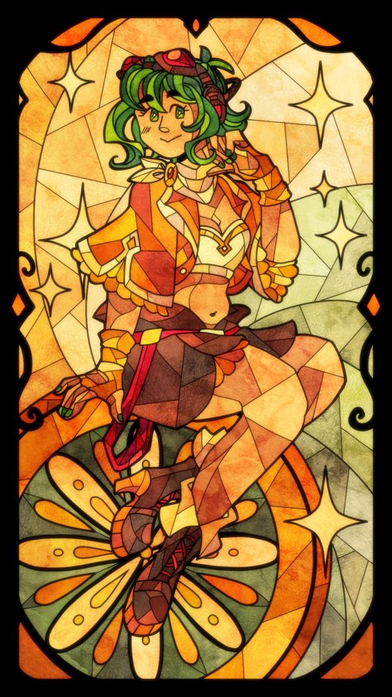 digital art of gumi, stylized to look like stained glass. she is seated on a circle with a flower motif against a warm yellow/green background with sparkles. her design is a combination of multiple past designs, though notable inspirations include v6 solid/v4 adult for her dark goggles and style of her shorts and boots, and synthv 2 for the loose sleeves with scalloped edges. 