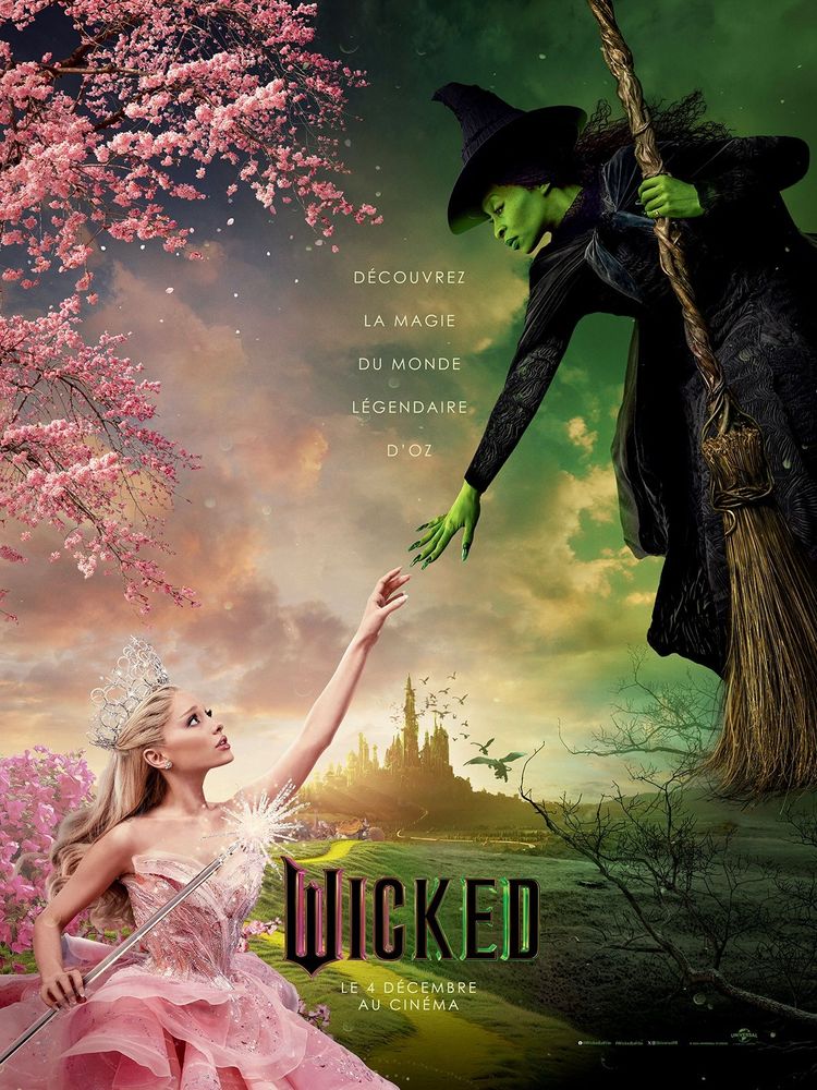 Affiche du film Wicked. On voit Glinda en rose en bas a gauche qui tend la main vers Elphaba   en vers représentée en haut à droite 