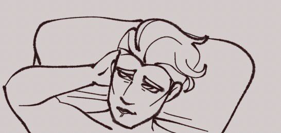 A drawing of Jayce laying on a pillow, a hand behind his head. His brows are furrowed and he’s biting his lower lip.