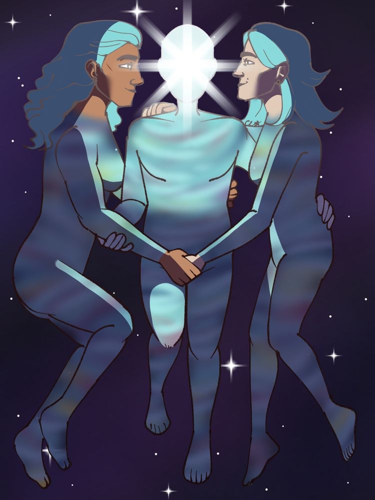 A drawing of Jayce, reader, and Viktoria. The reader is depicted as gender neutral and their face is represented by a star. Jayce and Viktoria on either side of them. They’re all in the arcane, stars twinkling behind them.
