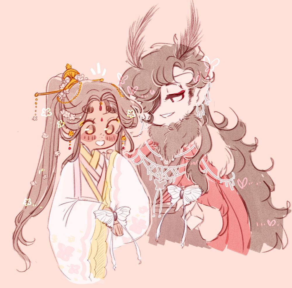 Xie Lian and Hua Cheng from TGCF in an AU. Xie Lian is the Crown Prince of Flowers, dressed in robes of white, gold and pink with flower patterns. He is smiling down at his hand, upon which a small white long tailed moth rests. Standing next to him is Hua Cheng, as the King of Moths. He is dressed in red and black, with black fuzzy moth antennae, neck fluff and a red cloak. He is looking at Xie Lian with a smile on his face, mouth open as if saying something. He also has a small moth perched on his finger. 
