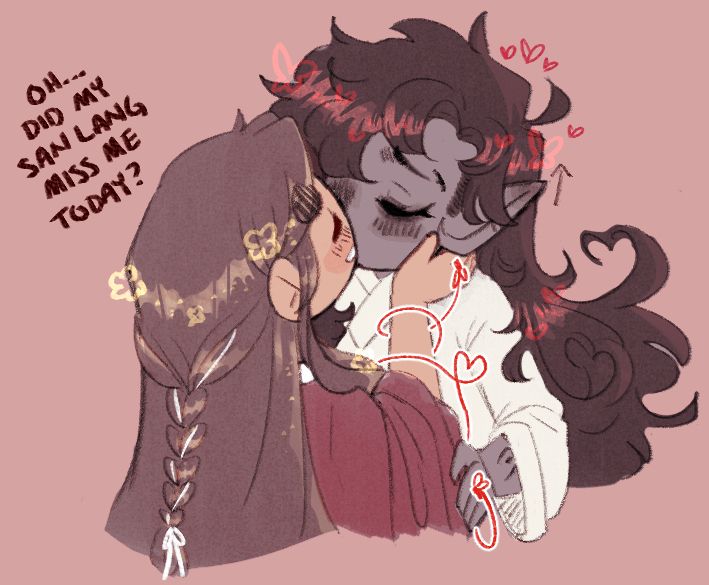 Hua Cheng and Xie Lian from TGCF. Xie Lian is holding Hua Cheng's face as he kisses him, asking "Oh... Did my San Lang miss me today?" Hua Cheng, holding onto the sleeve of Xie Lian's red robe, says nothing and has hearts around his head.