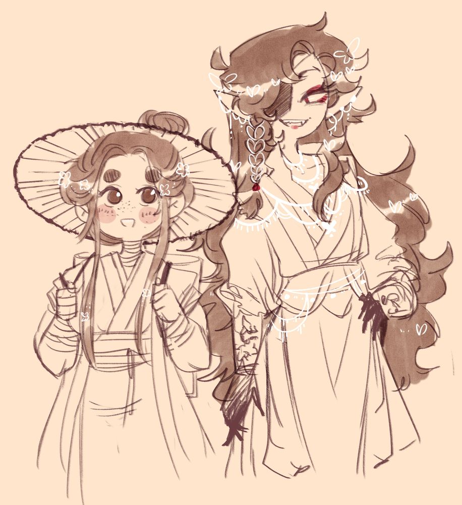 A digital drawing of Xie Lian and Hua Cheng from TGCF, genderbent to be women. On the left, XL is looking up at HC as she carries a basket on her back and wears a bamboo hat and simple robes. Her hair is all pulled up into a bun high on her head. On the right, HC is grinning widely, down at XL, showing off her fangs. She is wearing layer upon layer of silver jewelry, standing with one hand on her hip. Her hair fans out wildly around her and a single piece in front is braided, capped off with a red coral bead. HC's robes are intricately layered and she has vambraces on her forearms.