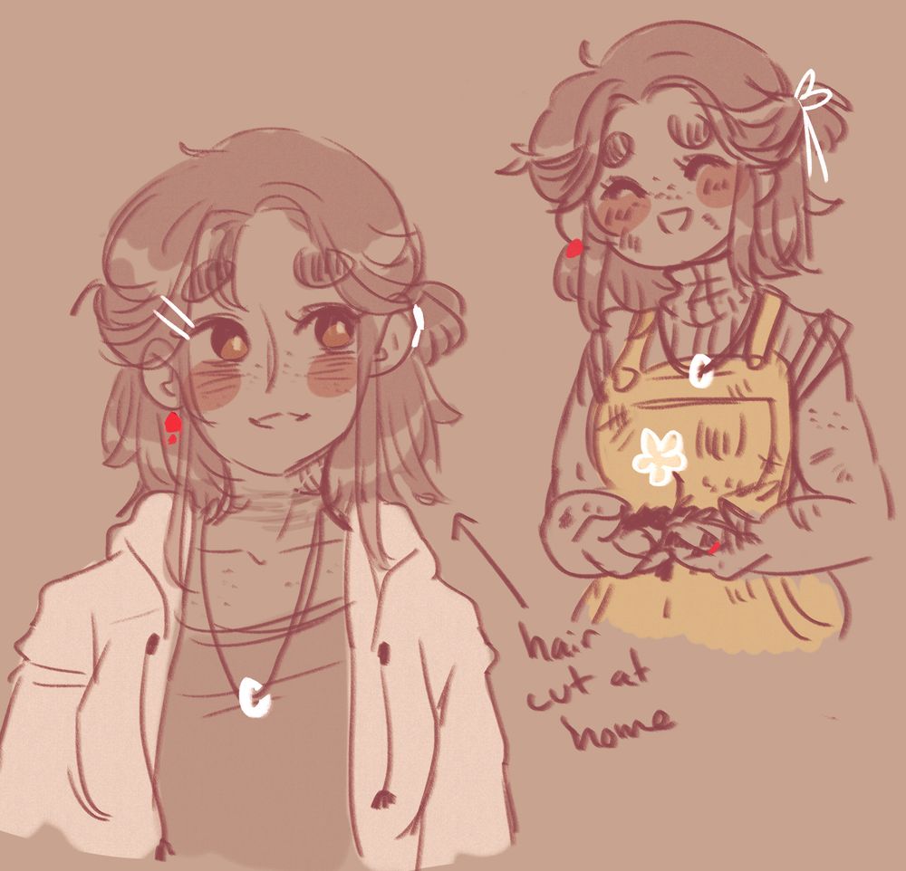 Two drawings of a genderbent Xie Lian. Her hair is choppy and cut to her shoulders. On the left she is standing facing the viewer but looking away, smiling. She is wearing a white hoodie jacket, a tanktop and a necklace with a ring on it. On the right is a more chibi version, holding a flower in her hands. She is wearing a sleeveless turtleneck under a yellow set of overalls.