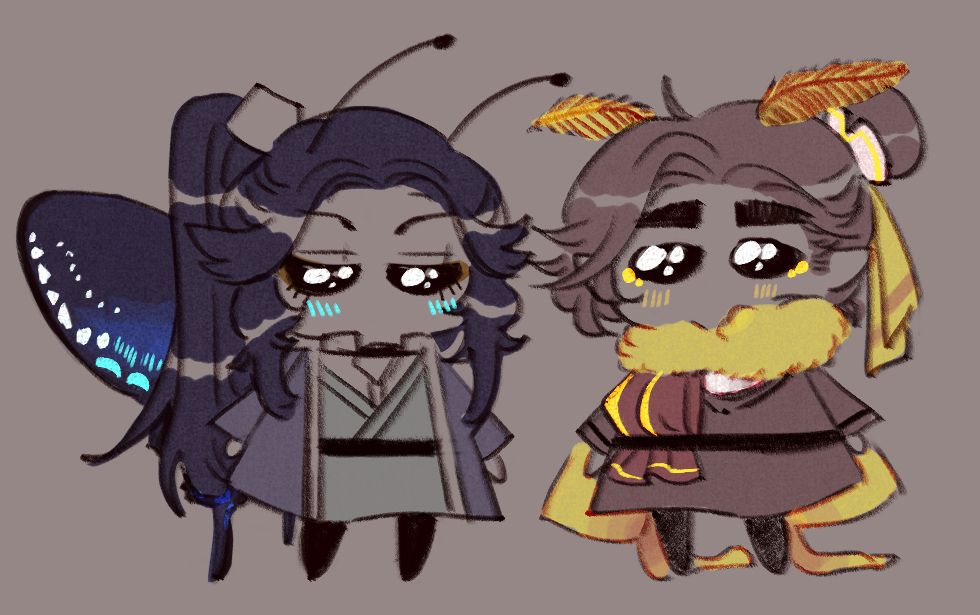 Very very small and chibi-fied drawn versions of Mu Qing and Feng Xin from TGCF in an AU where MQ is based on a blue-black spicebush swallowtail butterfly and FX is based on a comet moth.