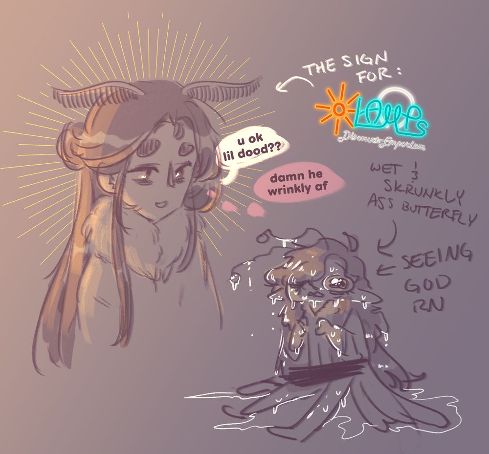 A really unserious drawing of moth Xie Lian and freshly hatched butterfly Hua Cheng from my cyberpunk moth-human hybrid AU. XL is looking down at HC with a ring of gold behind him. He is saying "u ok lil dood??" and thinking "damn he wrinkly af." Next to XLs head is a drawing of a neon sign that says "Sunlamps Discount Emporium", which is what is casting the golden light. HC is drawn half naked, very soggy and with huge teary eyes. It says "wet and skrunkly ass butterfly" and "seeing god right now" next to his head.