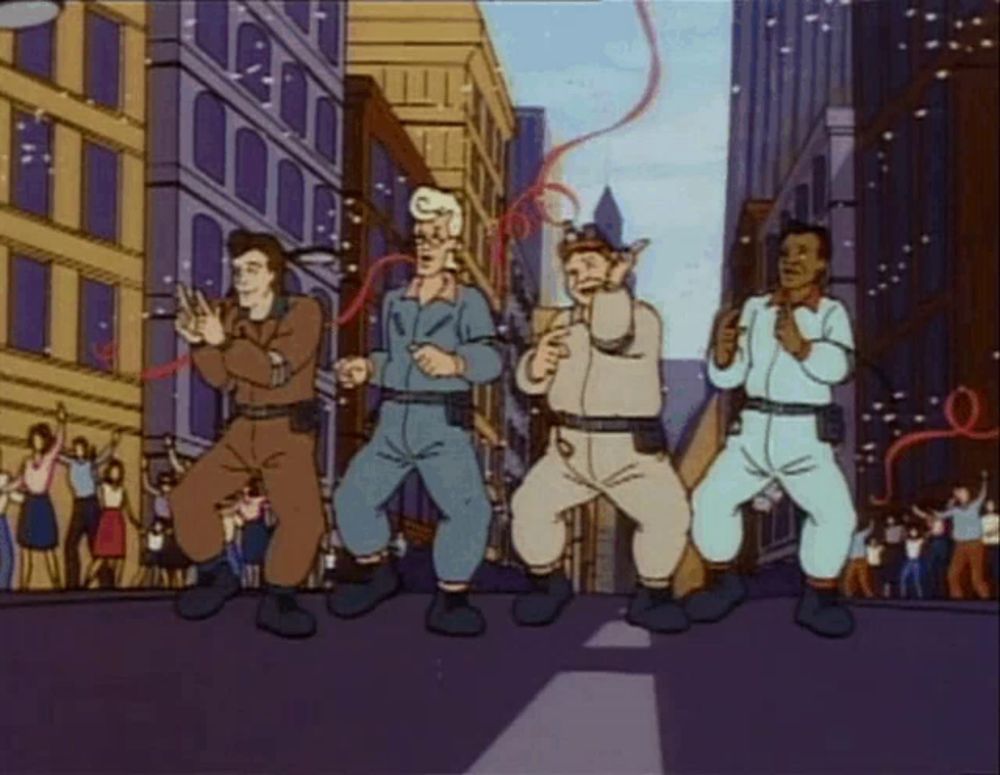 a group of cartoon characters are dancing in a city