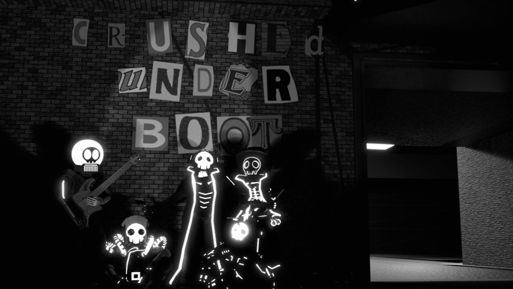 the tombsonas pose outside a venue, on the wall are ransom note style letters reading out "crushed under boot"