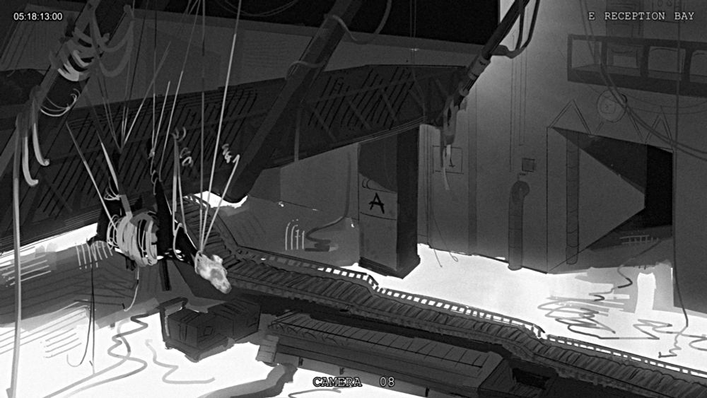 a deer hangs suspended by a mess of wires in a factory. CCTV footage, with labels and timecode overlays