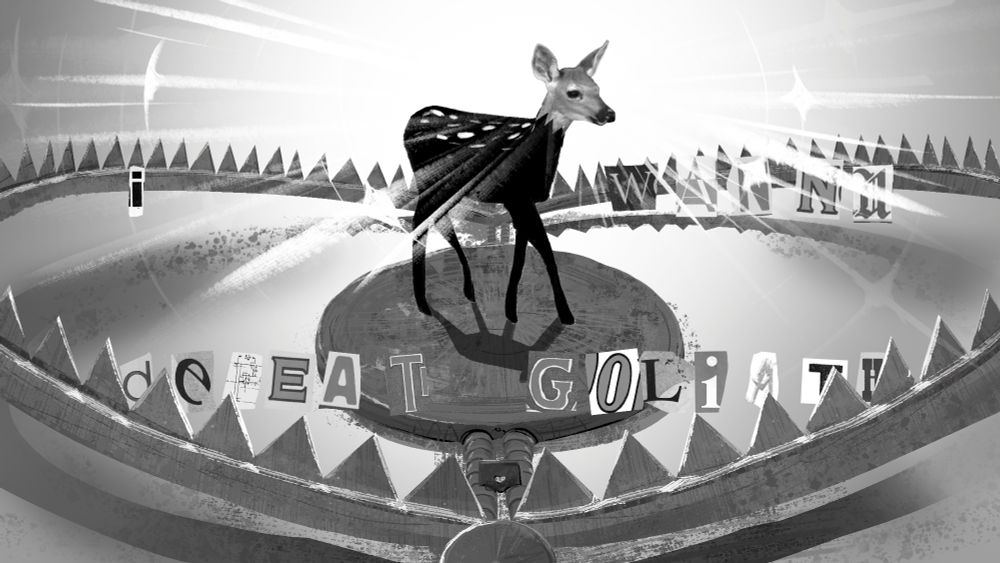 a deer stands on a bear trap, letters spell out "i wanna defeat goliath"