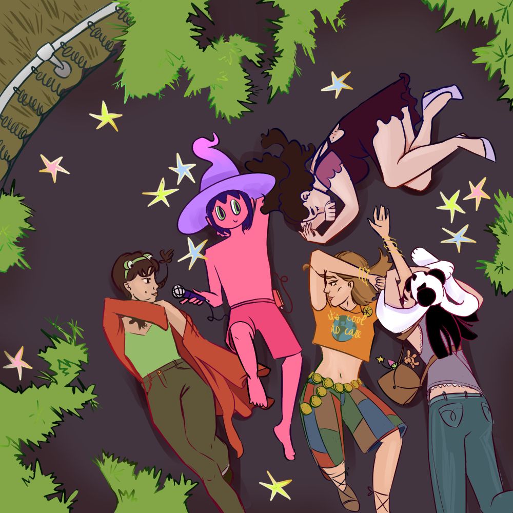 clancy lays back on a trampoline with a bunch of newfound friends