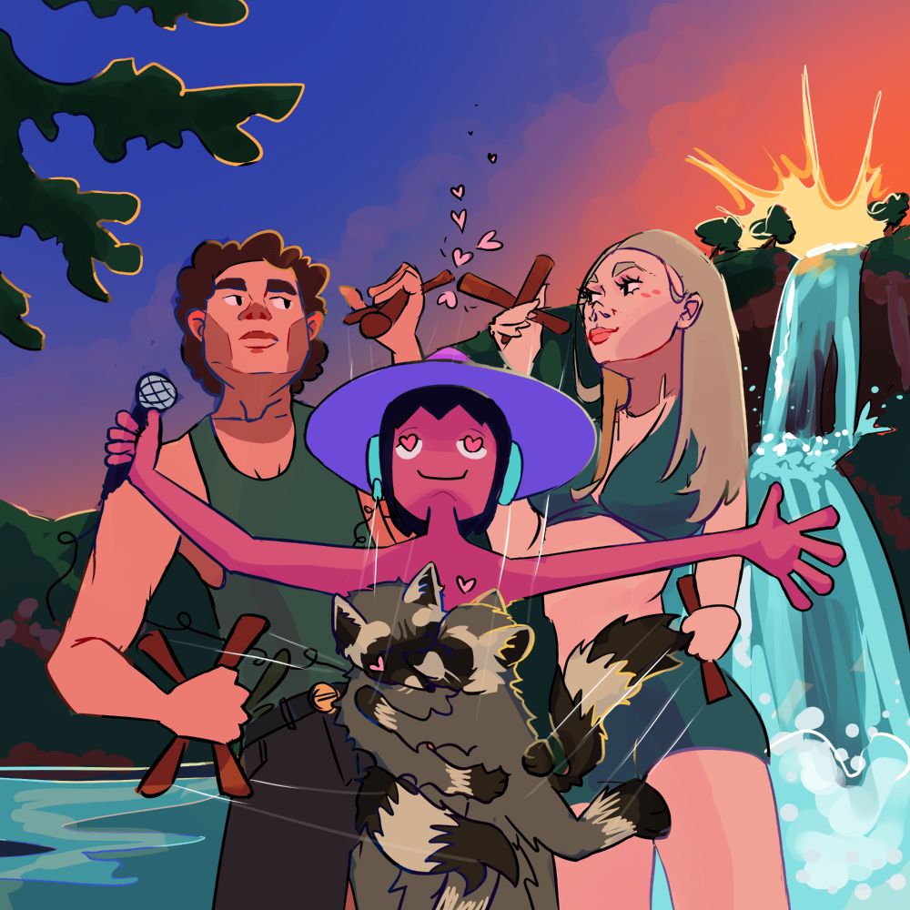 clancy reaches outwards, surrounded by a couple of puppeteers commanding embracing raccoons. i wanna draw more racoons kissing furries hmu
