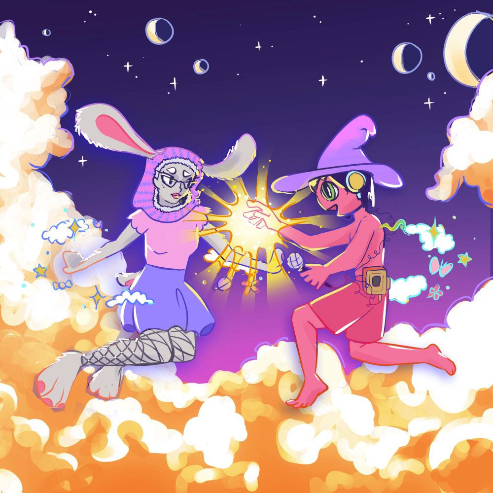 clancy and a bunny converse around a glowing ball, floating amidst the clouds of jupiter