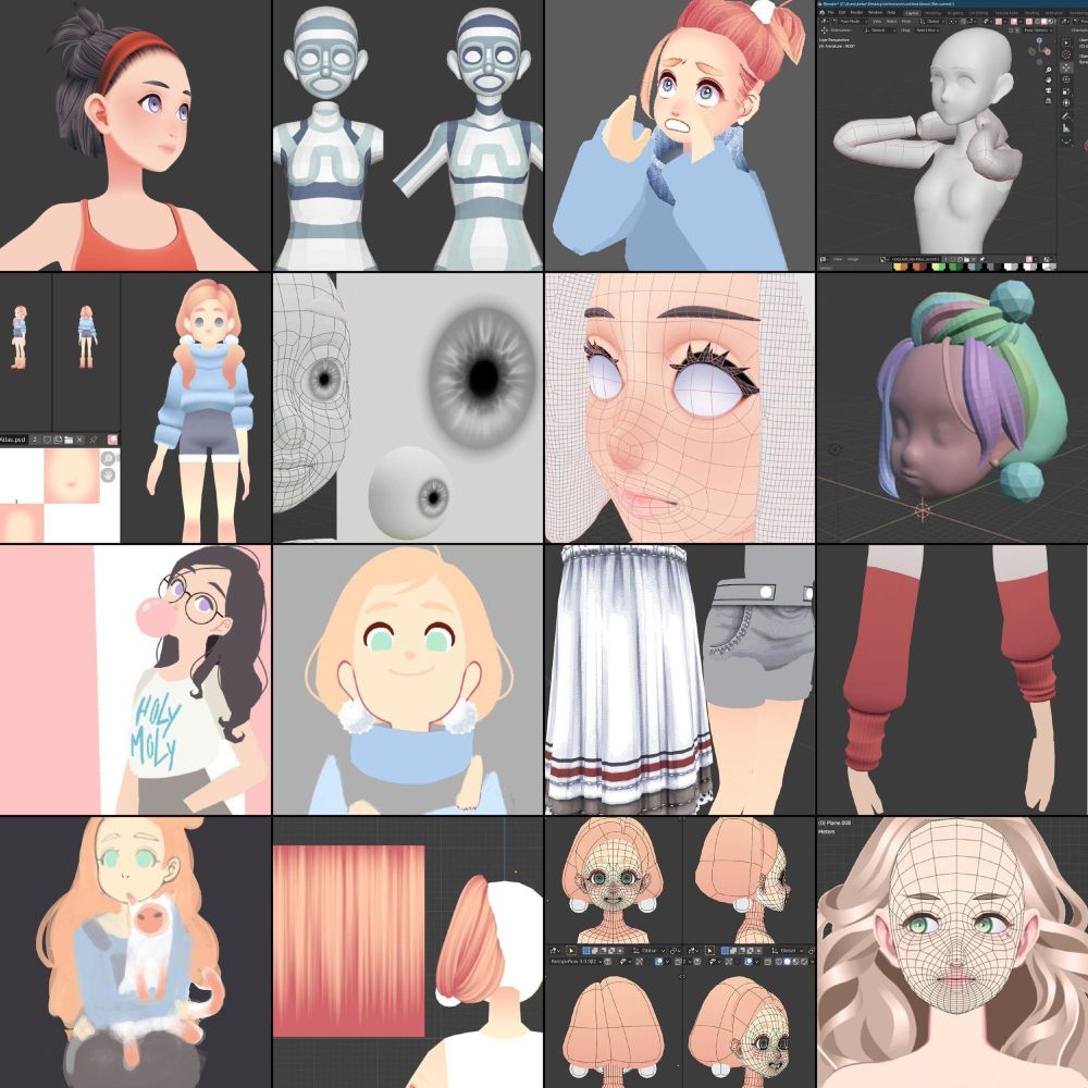 collage of work featuring character design and texturing, focusing on stylistic details