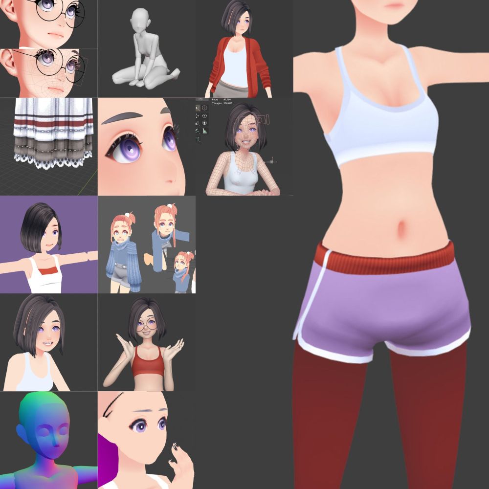 collage of work featuring character design and texturing, focusing on stylistic details